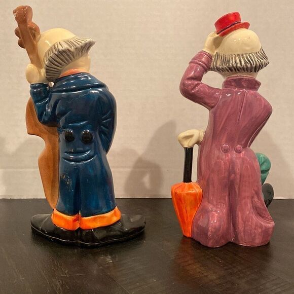 Vintage Clown Figurines Ceramic SET OF 2 Hand Painted 7.5” w Cello and Red Hat - Picture 3 of 7